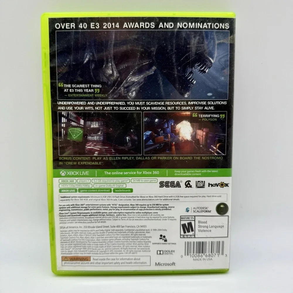 Alien: Isolation (Microsoft Xbox 360,‎ 2014) Both Disc's No Manual Tested